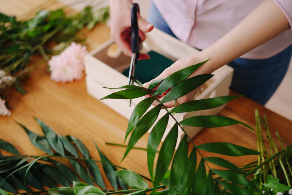 Florist cutting floral foliage to use in a floral arrangement.