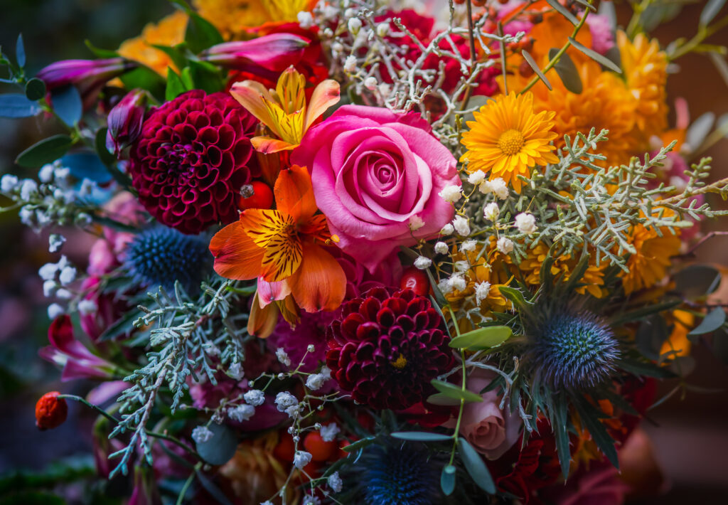 A floral arrangement with lots of contrasting textures