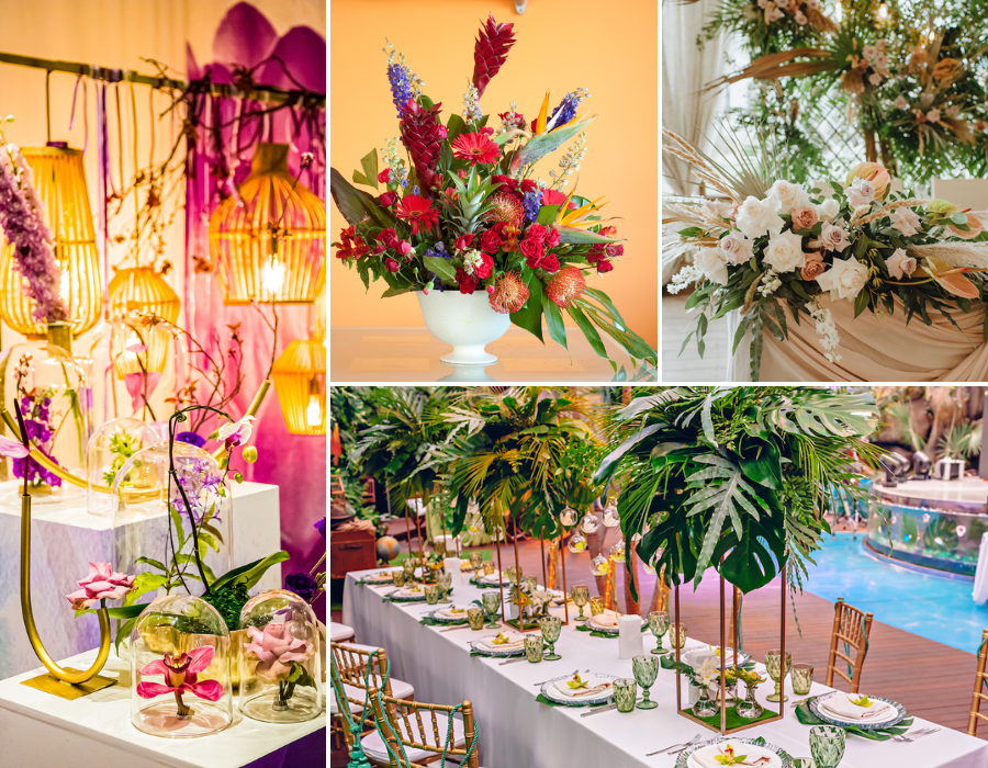 Photo collage from left to right: Photo of a table display made with purple and pink tropical flowers, glass domes and gold pipes; A photo of a vase of red tropical flowers and greenery; Photo of a table with a large tropical floral arrangement of peach and white flowers; Photo of a banquet table set with centerpieces made from monstera leaves and palm fronds 