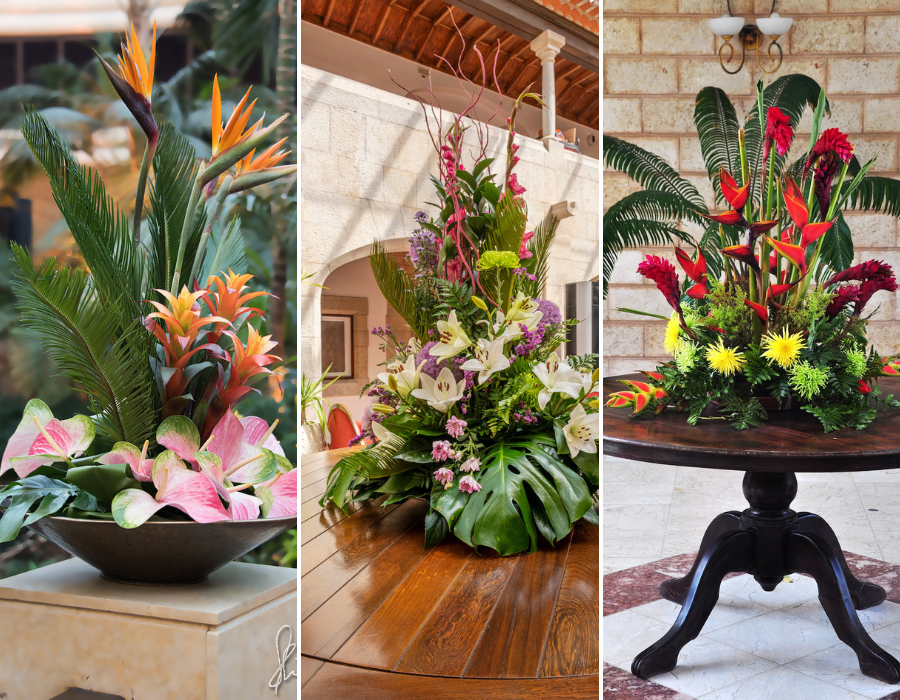 Photo collage from left to right: A photo of an outdoor tropical flower arrangement with palm fronts and bird of paradise flowers; An interior photo of a table centerpiece made of tropical flowers and greenery, including monstera leaves; Photo of a large, round table with a tall tropical floral arrangement of red and yellow flowers with palm fronds