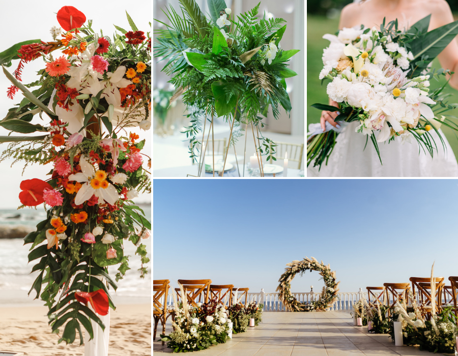 A collage of photos, from left to right: Closeup photo of tropical floral arrangement on a beach wedding arch, made with various greenery and red, orange and white tropical flowers; Photo of a wedding centerpiece made from various greenery, ferns and palm fronds;Photo of a bride holding a bouquet of white tropical flowers and greenery; Photo of an aisle at an outdoor summer wedding. There are tropical flower arrangements with pampas grass lining the aisle next to the seats, leading up to a circular arch woven from grasses and greenery. 