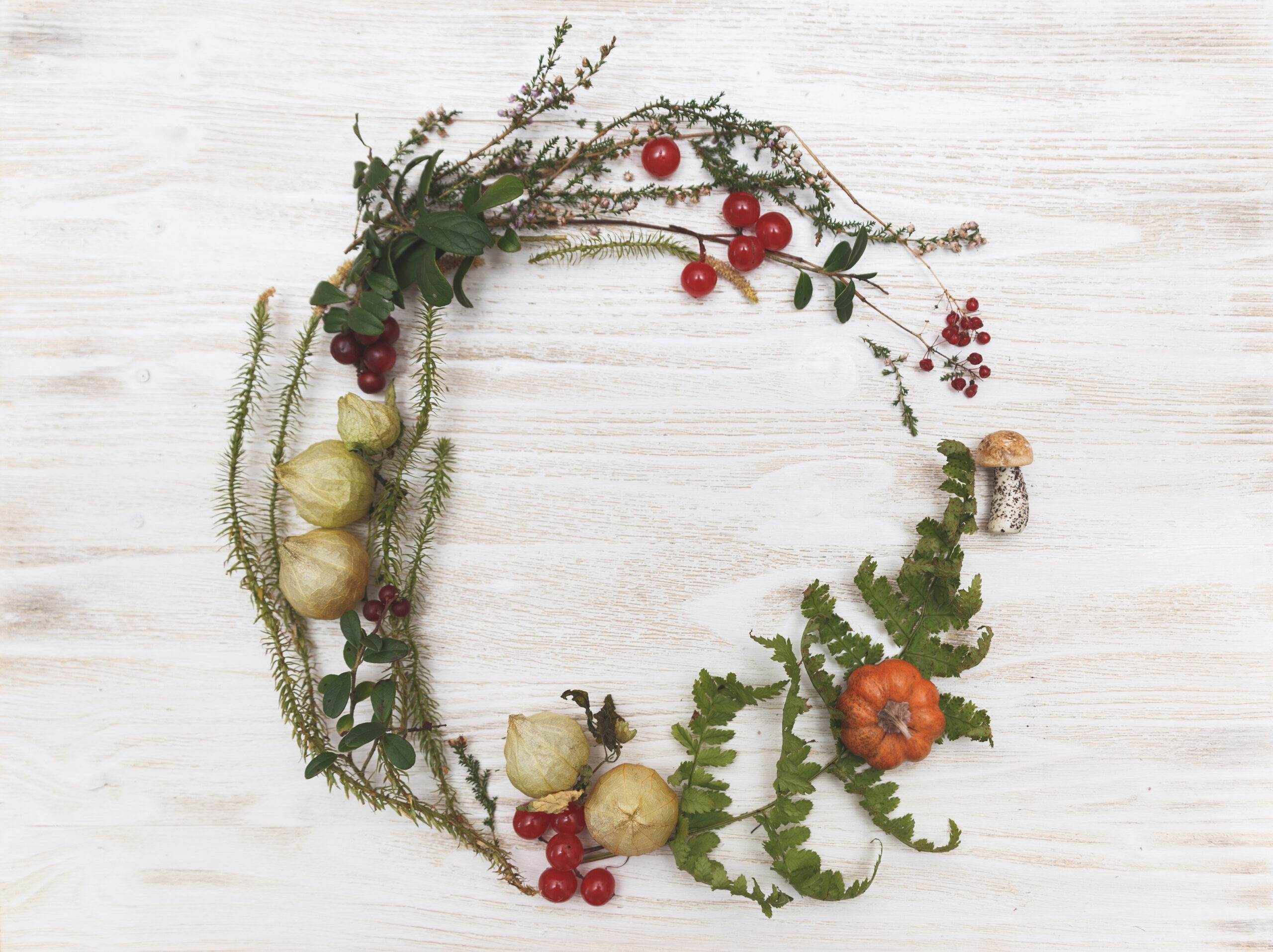 Fall wreath layout with ferns and pumpkins