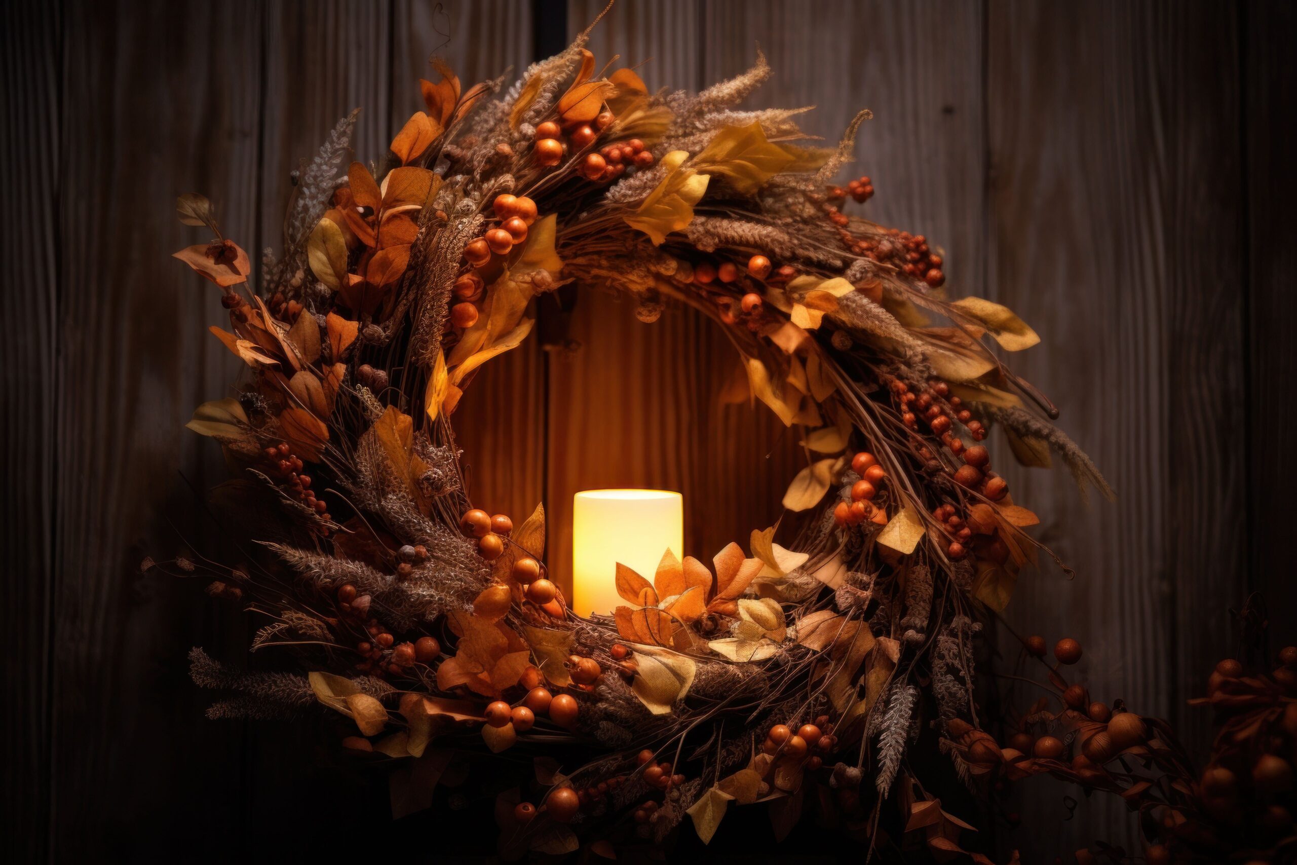 Fall wreaths with fern, leaves, berries and a candle