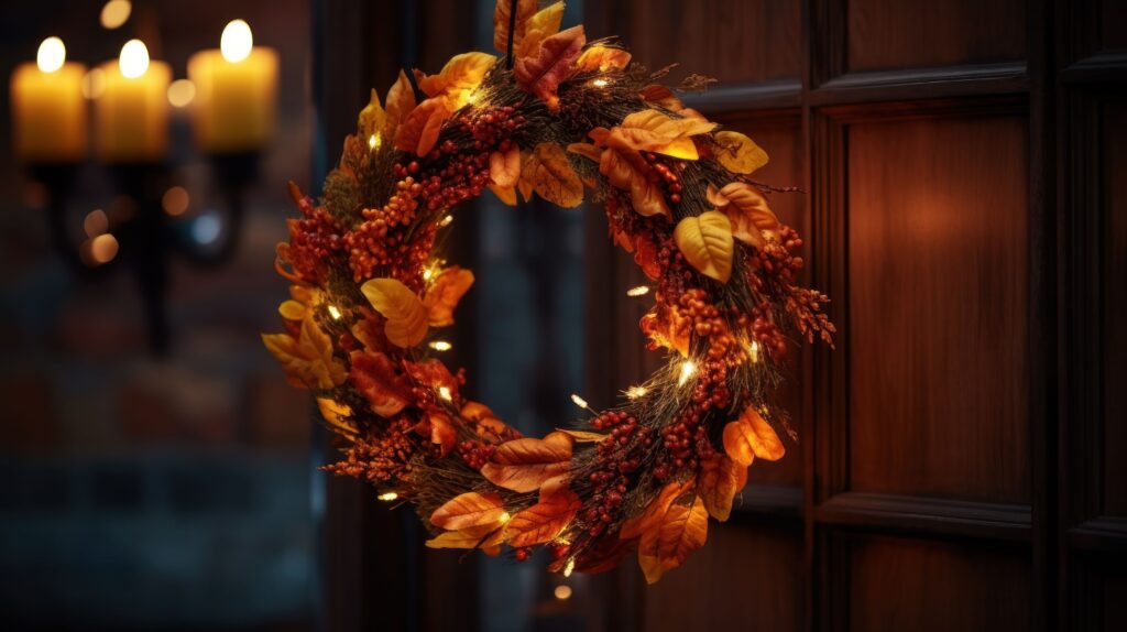 Fall wreath with leaves and lights